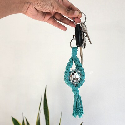 Macrame Disco Ball Hanger |Car Charm | Keychain, Retro Mirrorball Key Accessory, Mini Disco Charm, Boho Gifts for Women, Trendy Keyring - image3